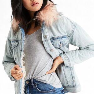 American Eagle Distressed Jean Jacket with Faux Fur Collar